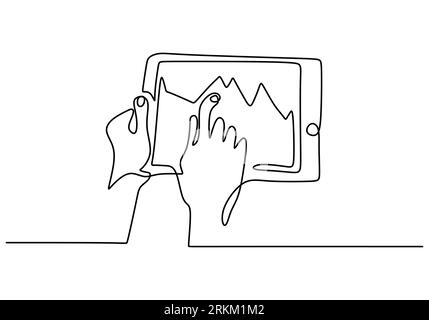 One continuous line drawing of pointing at graph on touchpad pc to analyzing chart of stock market. Business finance and investment concept. Vector mi Stock Vector