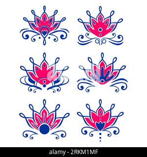 Lotus abstract drawing, ethnic tribal motifs set collections. blue and red colors on white background. Stock Vector