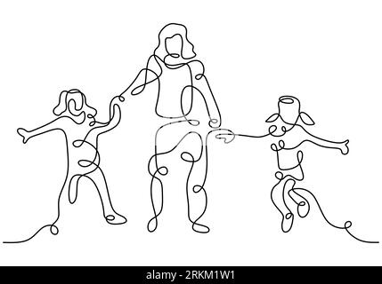 Happy mom with her two children in continuous line art drawing style. Young mother holding her children and walking together isolated on white backgro Stock Vector