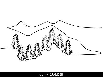 Mountain landscape, Forest theme. drawn in one line. Continuous line. Travels in nature. Minimalistic graphics vector illustration. Stock Vector