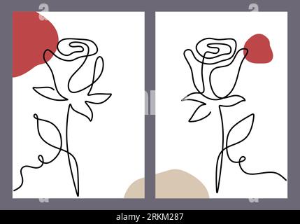 Flower line art drawing set, continuous line hand drawn minimalist, minimalism poster Stock Vector