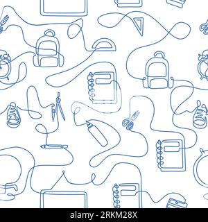 Seamless pattern with back to school theme in Continuous one line style. with note book, pencil, book, board, scissor, cutter, calipers, shoes, bag, c Stock Vector