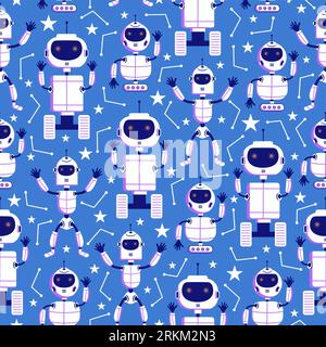 White modern cute Robotic seamless pattern isolated on blue background. Baby children fashion pattern. Stock Vector