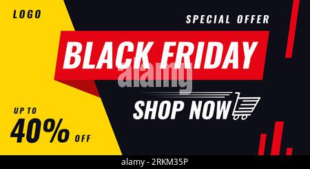 Special offer Black friday sale background banner with trolley and up to 40 percent off word isolated on yellow black background. Stock Vector
