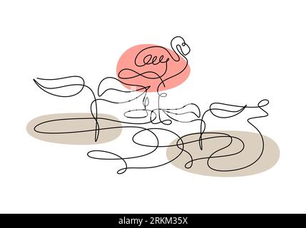 Flamingo animal, Continuous one line drawing of leaf, plants and bird. Abstract single line of plants and egret bird isolated on white background. Stock Vector