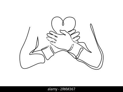 Continuous one line drawing of crossing hand on chest with heart shaped object. Hand hugging heart isolated on white background. Stock Vector