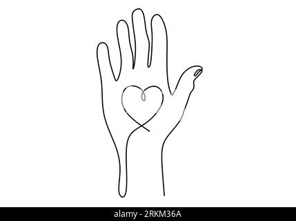 Continuous single line drawing of opened hand with heart shaped on the center for charity day concept isolated on white background. Stock Vector