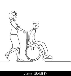 Continuous one single line of nurse help disabled man with wheelchair Stock Vector