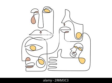 Modern continuous line art of ancient man abstract, family person hand drawn. Contemporary abstract one line continuous drawing faces and hand. Minima Stock Vector