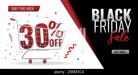 Black friday sale background with trolley and 30 percent discount off. Black red white background and festive ornament Stock Vector
