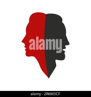 Man and woman silhouette face and head together as one. Abstract logo concept. Male and female. Vector illustration and drawing on white background. Stock Vector