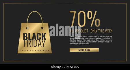 Black friday sale background with golden shopping bag and gold lettering for social media or website post isolated on black background. Stock Vector