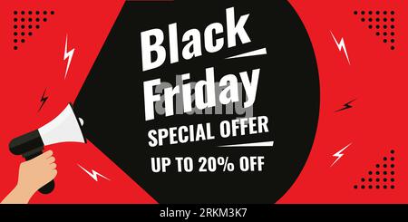Special offer Black friday sale background banner with 20 percent discount letter and hand holding white horn isolated on red background. Stock Vector