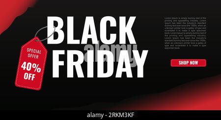 Black friday sale banner layout design for website or landing page with red color and black background. Stock Vector