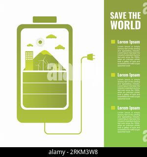 Green energy banner template. Infographic of Save the World. Sustainable battery with metaphor creative flat elements. Nature energy development. Stock Vector