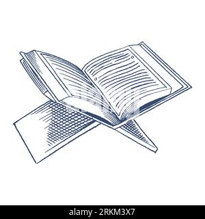 Vector muslim Al-Qur'an. Hand drawn vintage sketch of holy book Qur'an on a wooden holder with islamic design. Vector illustration for Nuzul al-Quran Stock Vector