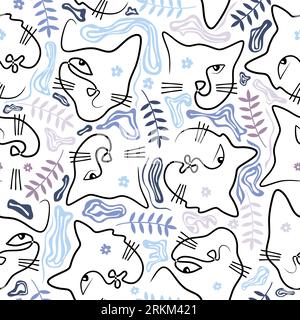 Continuous one single line of cute cat faces and floral seamless pattern isolated on white background minimalism design. Stock Vector