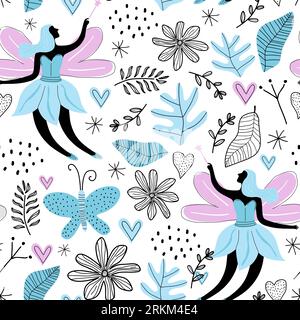 Seamless pattern of woman fairy, butterfly, flowers, leaves and love symbol Stock Vector