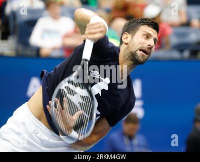 Flushing Meadow, USA. 25th Aug, 2023. Novak Djokovic of Serbia practices in Arthur Ashe Stadium at the 2023 US Open Tennis Championships in at the USTA Billie Jean King National Tennis Center on Saturday, August 25, 2023 in New York City. Photo by John Angelillo/UPI Credit: UPI/Alamy Live News Stock Photo
