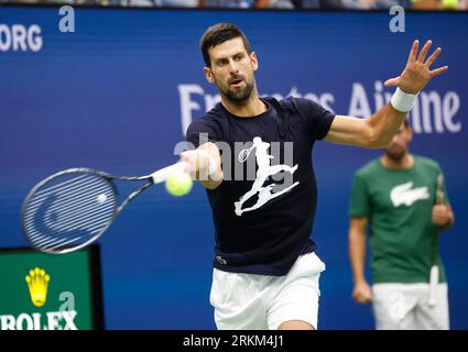 Flushing Meadow, USA. 25th Aug, 2023. Novak Djokovic of Serbia practices in Arthur Ashe Stadium at the 2023 US Open Tennis Championships in at the USTA Billie Jean King National Tennis Center on Saturday, August 25, 2023 in New York City. Photo by John Angelillo/UPI Credit: UPI/Alamy Live News Stock Photo