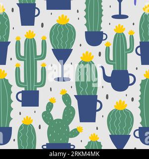Seamless pattern of hand drawn green cactus Stock Vector