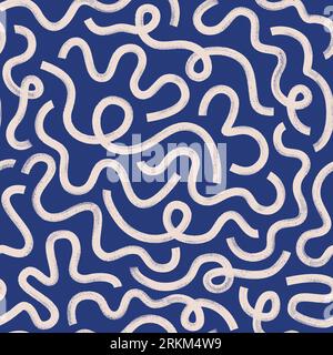 Brush, marker drawn bold doodle lines seamless pattern. Abstract modern geometric wavy ornament at dark blue background. Stock Vector