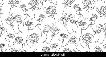 Seamless pattern of surreal rose one single line isolated on white background. Stock Vector