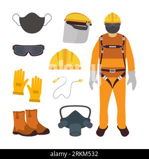 Set of safety tools for engineer in flat element style. Stock Vector