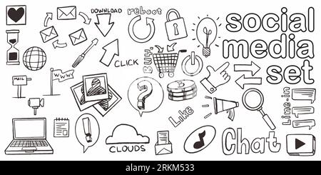 Set of hand drawn doodle social media for sales promotion isolated on white background. Stock Vector