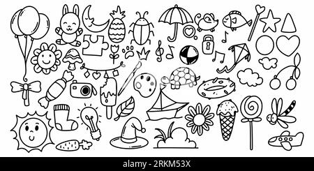 Set of elements in childish doodle hand drawn style isolated on white background. Stock Vector