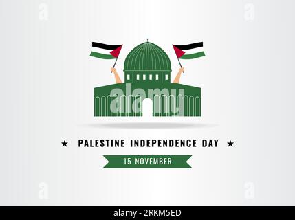 Al-Aqsa Mosque with hand holding flag. Palestine Independent Day. Save Gaza, save Palestine template background, poster, slogan, t-shirt design. Vecto Stock Vector
