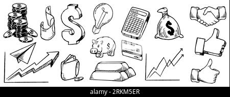 Hand drawn saving money set. Finance, payments, banks, cash. Doodle icon concept of a component that is geared towards success of business, financial Stock Vector