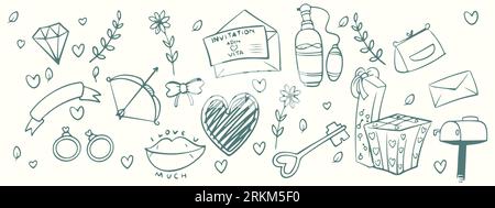 Hand drawn doodle wedding collection. Vector illustration sketchy marriage icons for wedding day, love and romantic events bride groom heart cupid eng Stock Vector