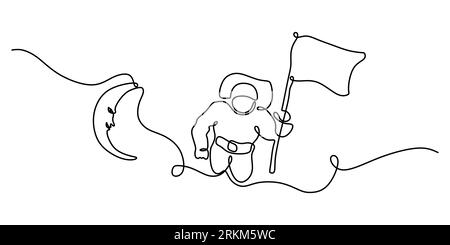 Continuous one single line of astronaut flying to the moon isolated on white background. Stock Vector