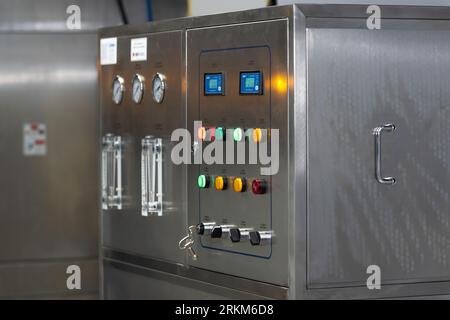 Perm, Russia - June 29, 2023: colored indicators on the control panel of the cleaning machine for printed circuit boards Stock Photo