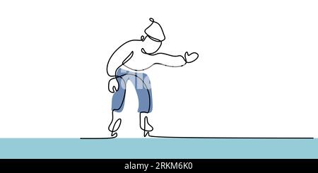 Continuous one single line of man or boy playing ice skating isolated on white background. Stock Vector