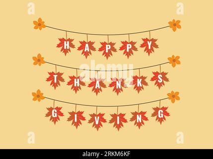 Thanksgiving day concept with autumn leaves. Thanksgiving vintage style greeting card with hand lettering ""Happy Thanksgiving". Hand drawn vector ill Stock Vector