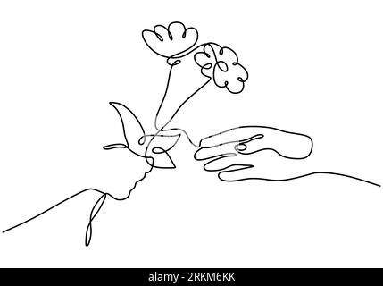 hand holding flowers one line drawing minimalist art. Bucket of floral minimalism contour hand drawn vector illustration, isolated on white background Stock Vector