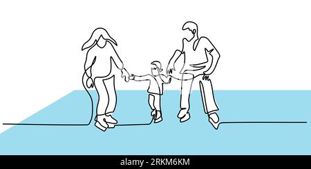 Continuous one single line of family playing ice skating winter sport isolated on white background. Stock Vector