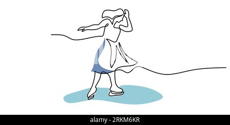 Continuous one single line of child girl playing ice skating isolated on white background. Stock Vector