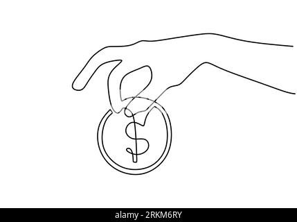 Hand holding dollar coin continuous line drawing, one hand drawn minimalism, vector illustration symbol of donation and giving money. Stock Vector