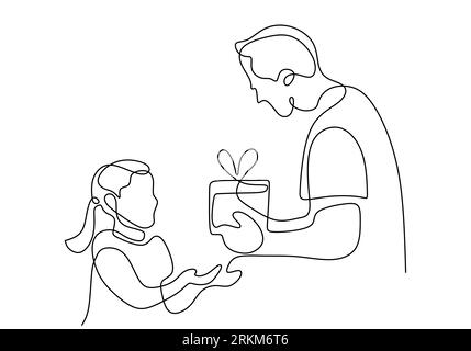 Father holding gift box to daughter, continuous one line drawing minimalist vector illustration. Good for Fathers day moment or christmas celebration. Stock Vector