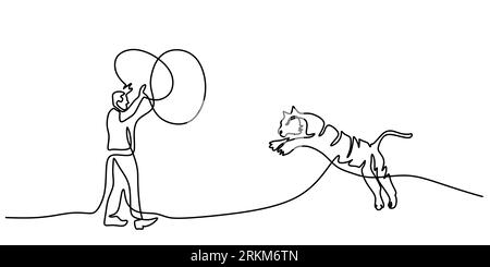 Continuous one single line of man playing with big tiger isolated on white background. Stock Vector