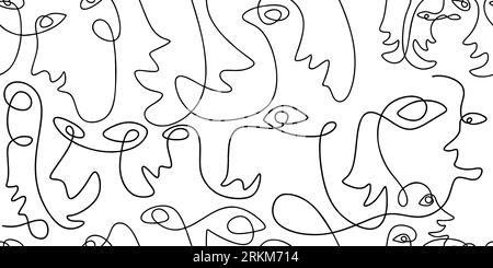 One line art portraits abstract female face painting minimalist set. Faces masks repeating pattern. Vector illustration on white background Stock Vector