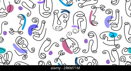 Abstract one line drawing face masks. Outline background with female faces. Modern Woman aesthetic contour. Fashion print. Vector illustration Stock Vector