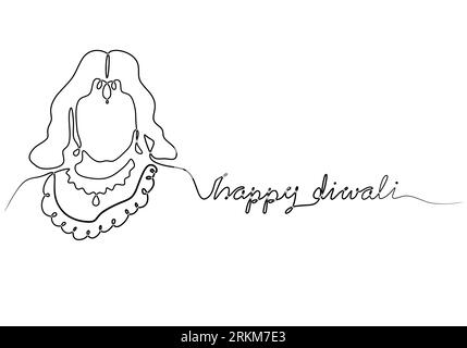 Happy Diwali minimal black and white banner or background with one line drawing Indian lady. Vector illustration Stock Vector