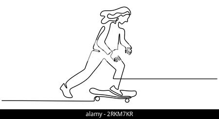 Continuous one single line of girl playing skateboard isolated on white background minimalism design. Stock Vector