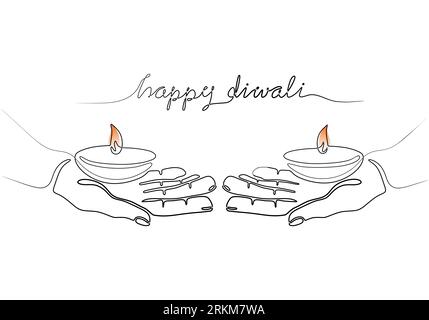 Continuous one line drawing hand holding burning candle. Dipavali of light oil lamp lamps Diya Dia baked clay day. Happy Diwali minimal art. Vector il Stock Vector