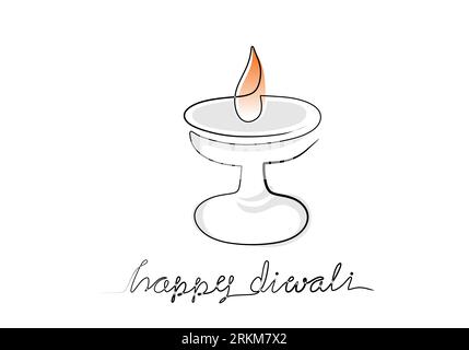 Burning fire candle in continuous one line drawing. Happy diwali Deepavali Diwali Deevali festival party india. Vector illustration Stock Vector