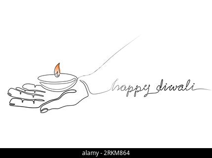 Continuous one line drawing hand holding burning candle. Dipavali of light oil lamp lamps Diya Dia baked clay day. Happy Diwali minimal art. Vector il Stock Vector